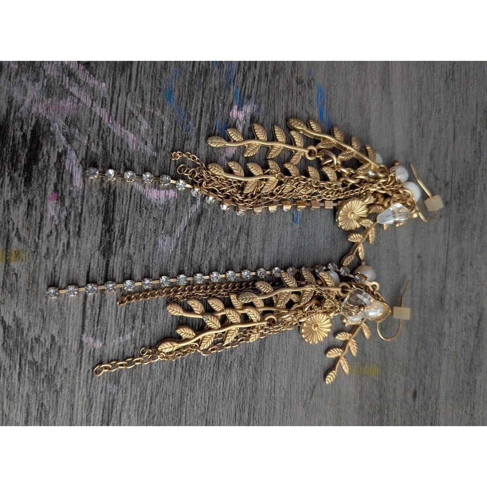 Gold Tone Leaf Rhinestone Pearl Dangle Statement Earrings Boho Chandelier